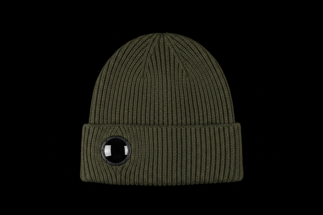 cp company beanie with black background
